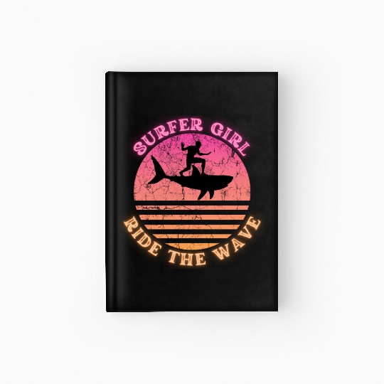 Surfer Girl Ride the Wave Shark Sunset Neon Hardcover Journal