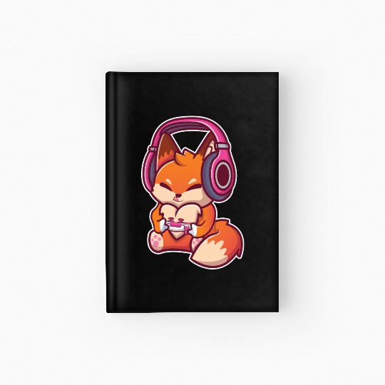 Cute Fox with Headphones Playing Video games Gamer Hardcover Journal