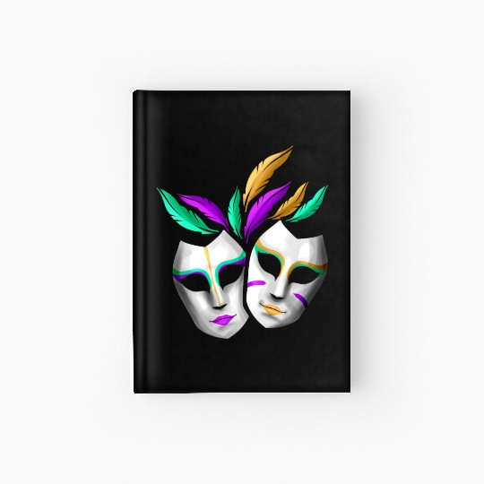 Pair Of White Masks With Feathers For Mardi Gras Hardcover Journal