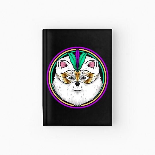 Pomeranian Or Samoyed Dog With Mask For Mardi Gras Hardcover Journal