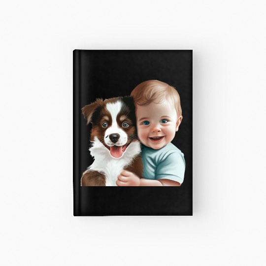 Sweet baby smiling with lovely puppy Hardcover Journal