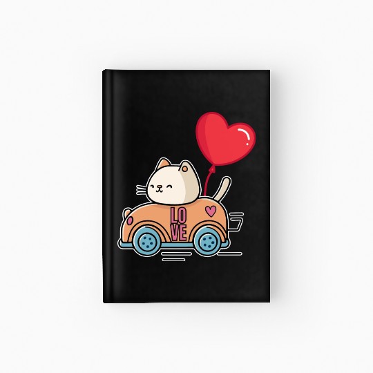 Cute cat in the love car, and love balloon - white Hardcover Journal