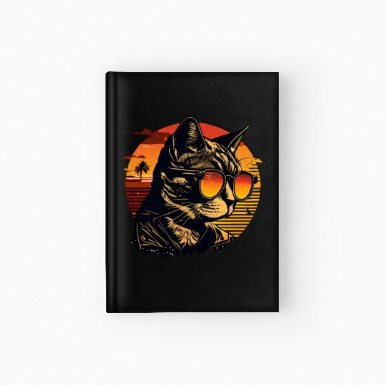 Retro Cat Vintage Sunset 80s 90s Sunglasses Party Hardcover Journal