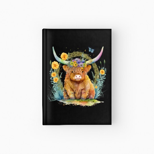 Highland Cow With Colorful Flowers Hardcover Journal