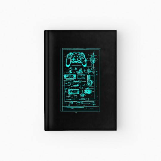 Neon Teal Video Game Controller Blueprint Hardcover Journal