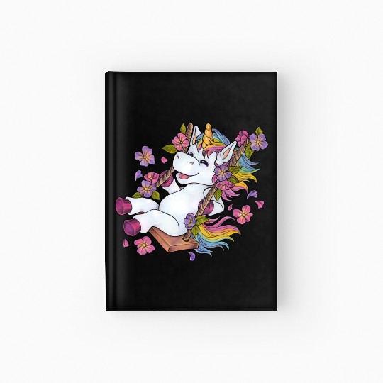 Cute unicorn on swing Flowers Spring gift children Hardcover Journal