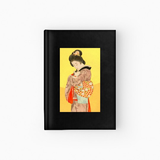 Geisha in Kimono with Cat Retro art Hardcover Journal