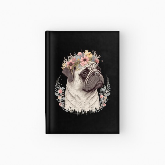 Cute Pug Flower Crown Pet Dog Breed Floral Puppy Hardcover Journal
