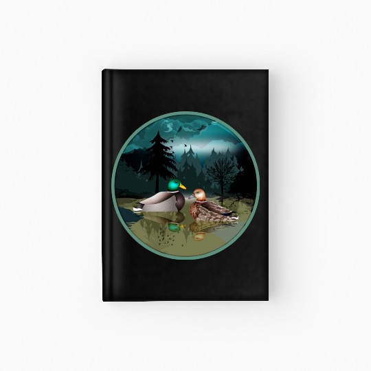 Duck couple in the duck pond at night & moonlight Hardcover Journal