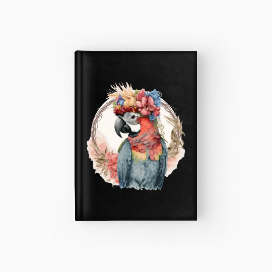 Colorful Parrot Watercolor Macaw Bird Flower Crown Hardcover Journal