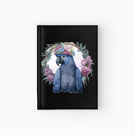 Watercolor Hyacinth Macaw Parrot Bird Flower Crown Hardcover Journal