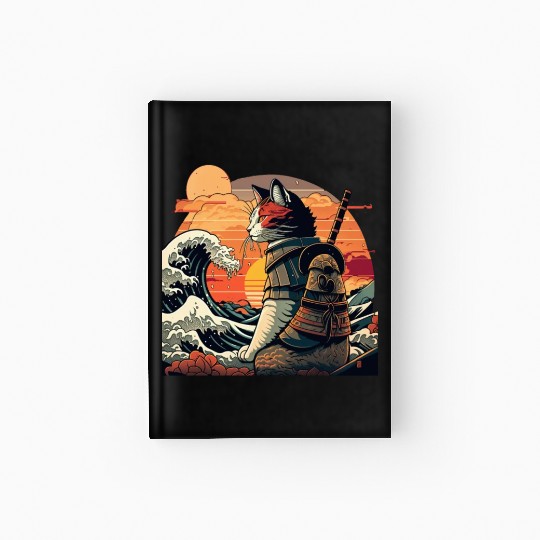 Retro samurai cat The Great Wave Hokusai Hardcover Journal