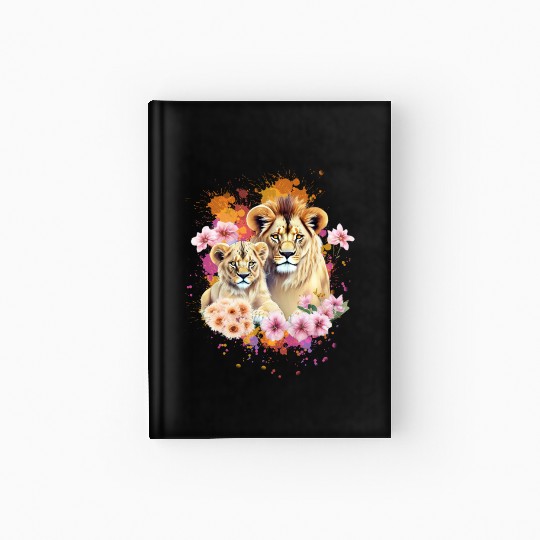 Lion Mom & Son Cubs with Flower Watercolor Hardcover Journal