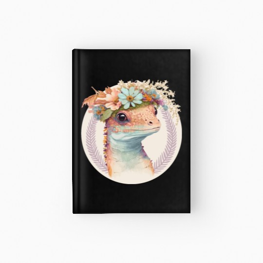 Cute Watercolor Gecko Reptile Flower Crown Boho Ae Hardcover Journal