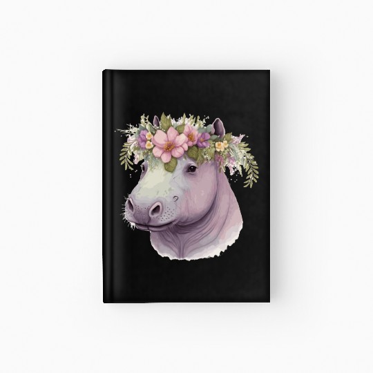 Watercolor Hippotamus Flower Crown Floral Pastel A Hardcover Journal