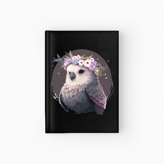 Cute Gray Budgie Parakeet Bird Flower Crown Pet Bi Hardcover Journal
