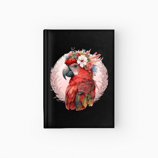 Red Scarlet Macaw Flower Crown Parrot Watercolor B Hardcover Journal