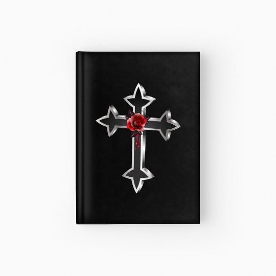 black silver colored gothic cross with red rose Hardcover Journal