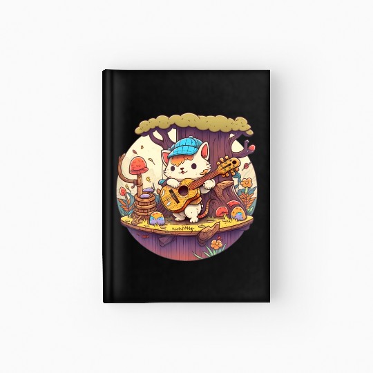 Cute Kawaii Cat Playing Guitar Banjo On Log Hardcover Journal