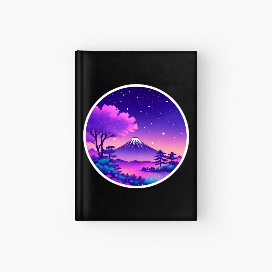 Japan Mount Fuji Night Sky Lo-Fi Art Retro Purple Hardcover Journal