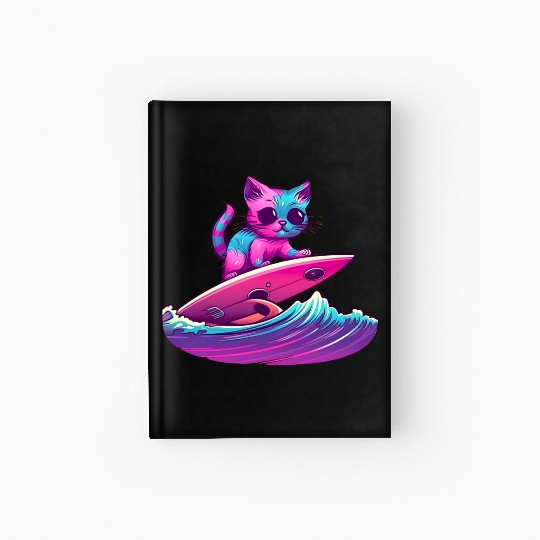Synthwave Surfing Cat Hardcover Journal
