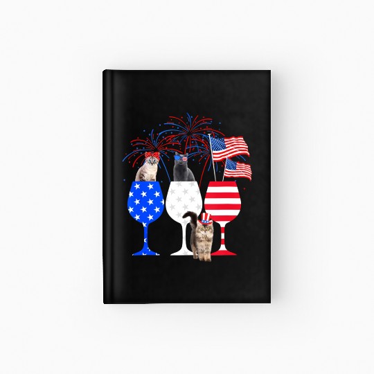 Cat 4Th Of July Red White Blue Wine Hardcover Journal