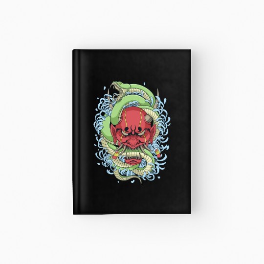 Japanese oni mask with peony flower and greem snak Hardcover Journal