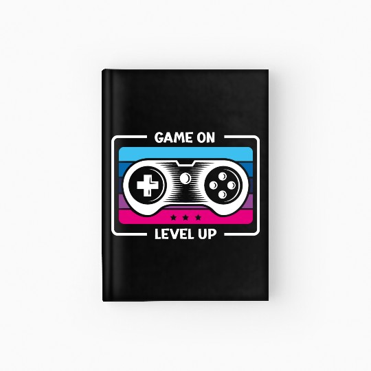 Game on level up illustration in black Hardcover Journal