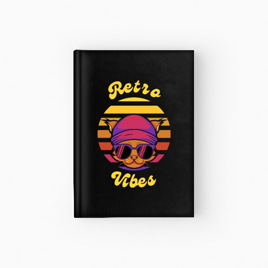 Black Coloful Sunset Cat Retro Vibes T-shit. Hardcover Journal