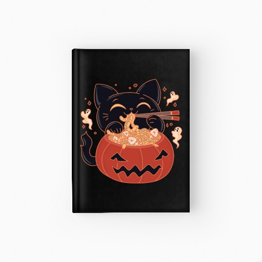 Kawaii Creepy black Cat Eating Ramen Noodles Hardcover Journal