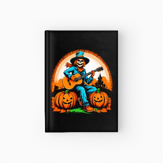 Happy Halloween scarecrow plays guitar Hardcover Journal