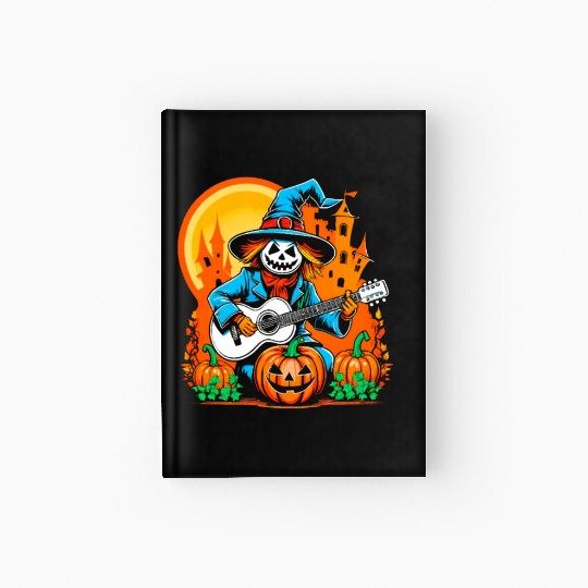 Happy Halloween scarecrow plays guitar Hardcover Journal