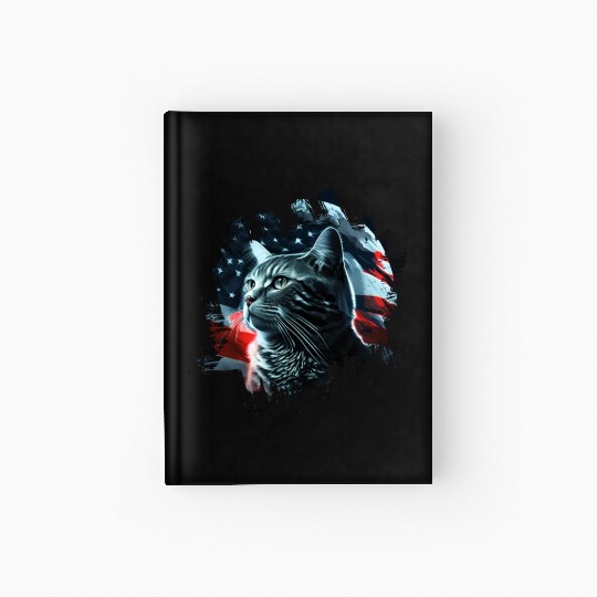 America cat under Moon with American Flag Hardcover Journal