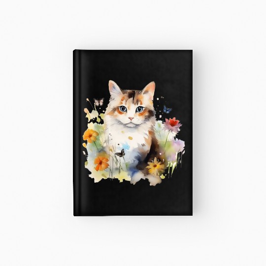 Watercolor Cat Flowers & Butterflies Hardcover Journal