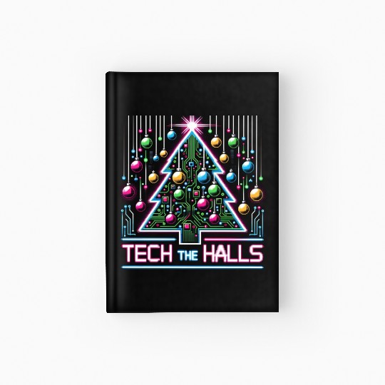 Tech the Halls - Christmas Tree in 8-bit Neon Hardcover Journal