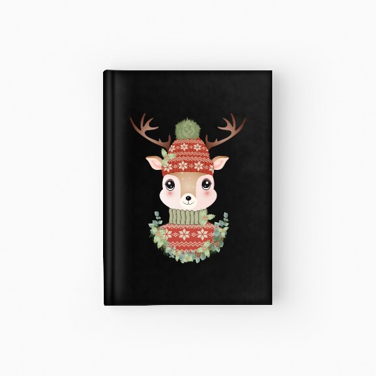 cute deer with sweater and Christmas wreath Hardcover Journal
