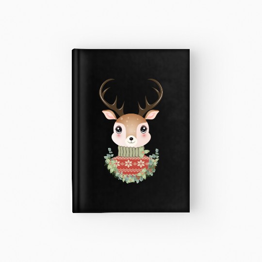 cute deer with sweater and Christmas wreath Hardcover Journal