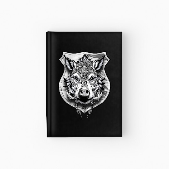 shield with wild boar head - DIGITAL - grayscale Hardcover Journal