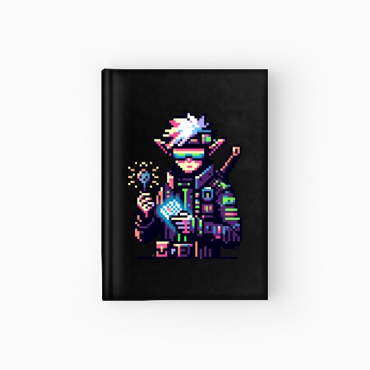 Cyberpunk Elf Neon-Lit Goggles and Digital Key Hardcover Journal