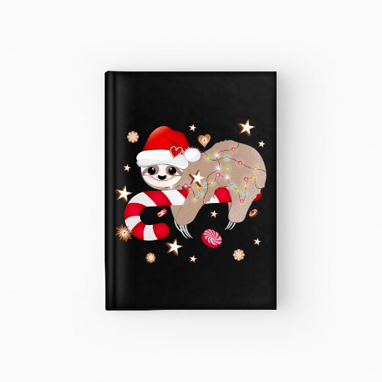funny sloth with candy cane for Christmas Hardcover Journal