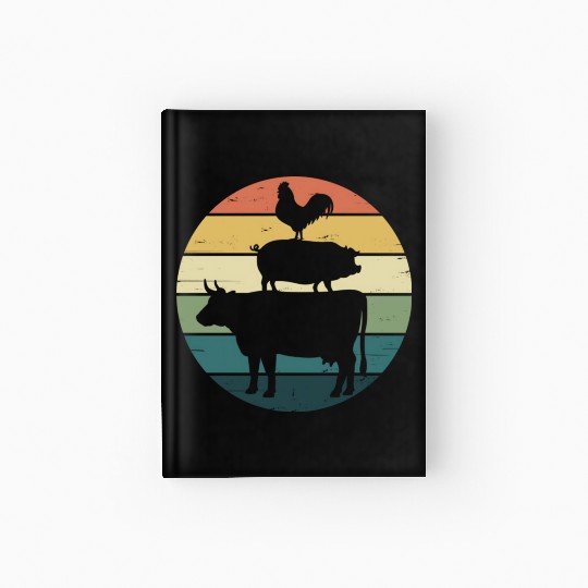 Retro Rainbow Stacked Farm Animals Cow Pig Rooster Hardcover Journal