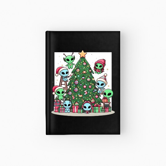 Aliens decorate Christmas tree Hardcover Journal