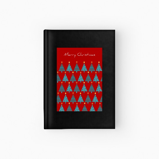 Merry Christmas Teal Christmas Trees on Red Hardcover Journal