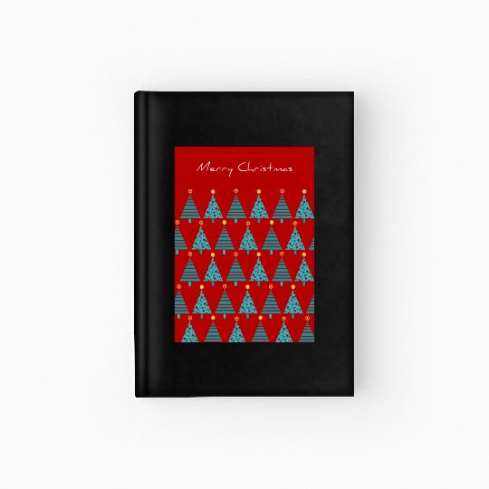 Merry Christmas Teal Christmas Trees on Red Hardcover Journal