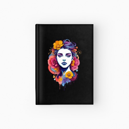 Stylish, bright art. Girl with flowers in her hair Hardcover Journal