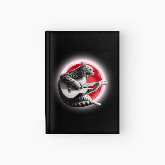 Rock Cat Playing Guitar Hardcover Journal under the red moon