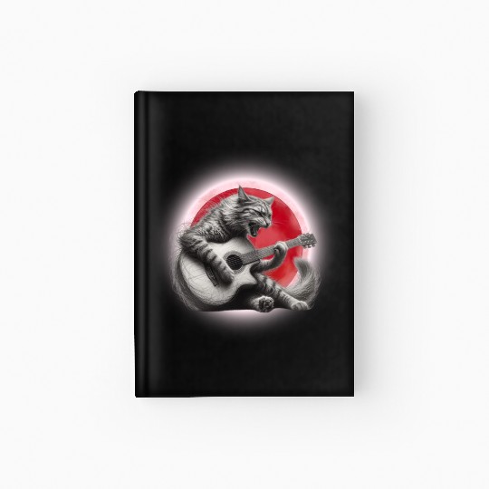 Rock Cat Playing Guitar Hardcover Journal under the red moon