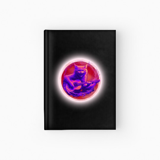 Rock Cat Playing Guitar Hardcover Journal under the red moon