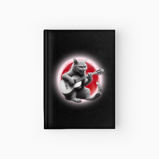 Rock Cat Playing Guitar Hardcover Journal under the red moon
