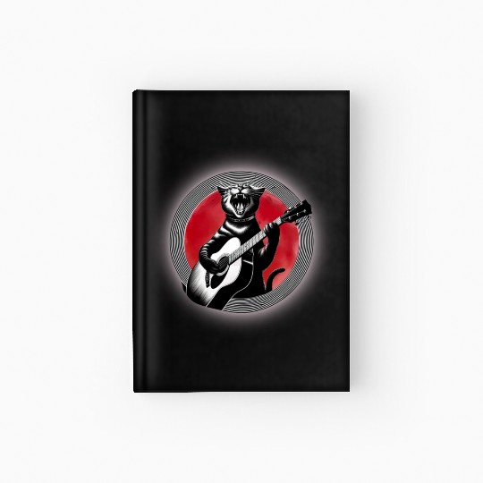 Rock Cat Playing Guitar Hardcover Journal under the red moon